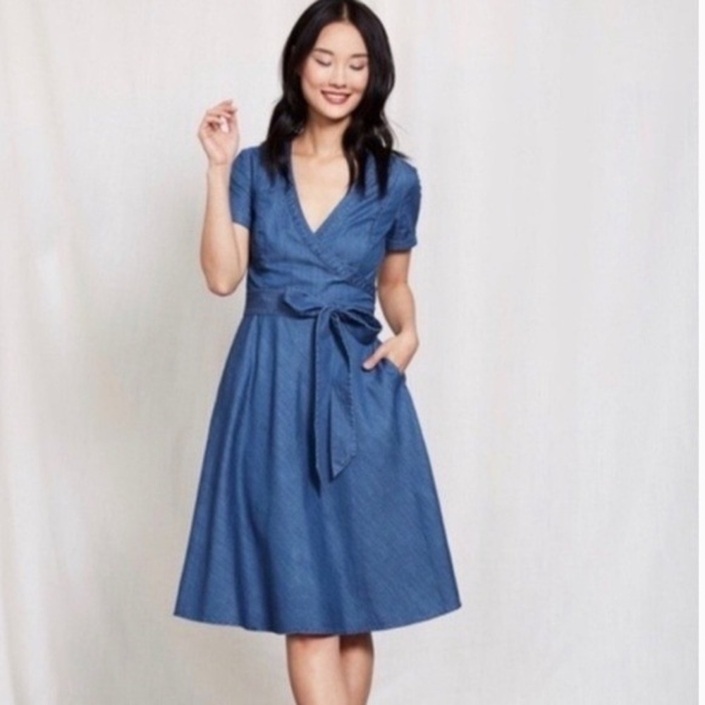 Boden Lara Blue Denim Chambray Faux Wrap Pockets Midi Dress Tie Waist Flare | 8R
